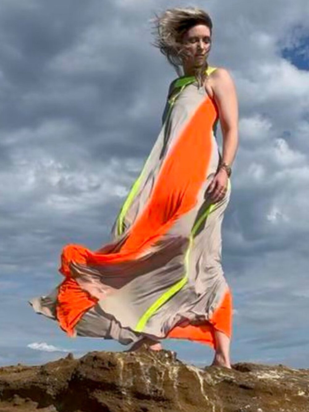 NWT BCBG Wilah Colorblock Neon Maxi Dress Long Orange Gray Relaxed Grecian XS - Picture 15 of 16